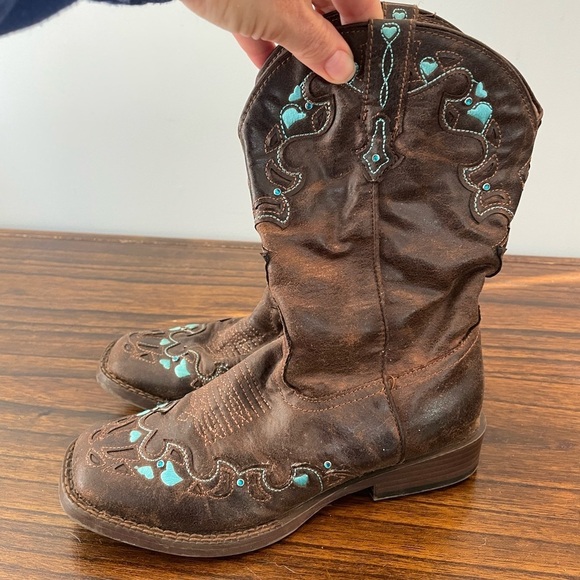 Roper, kids 3, brown leather with blue accents square toe cowboy western boot - Picture 6 of 8